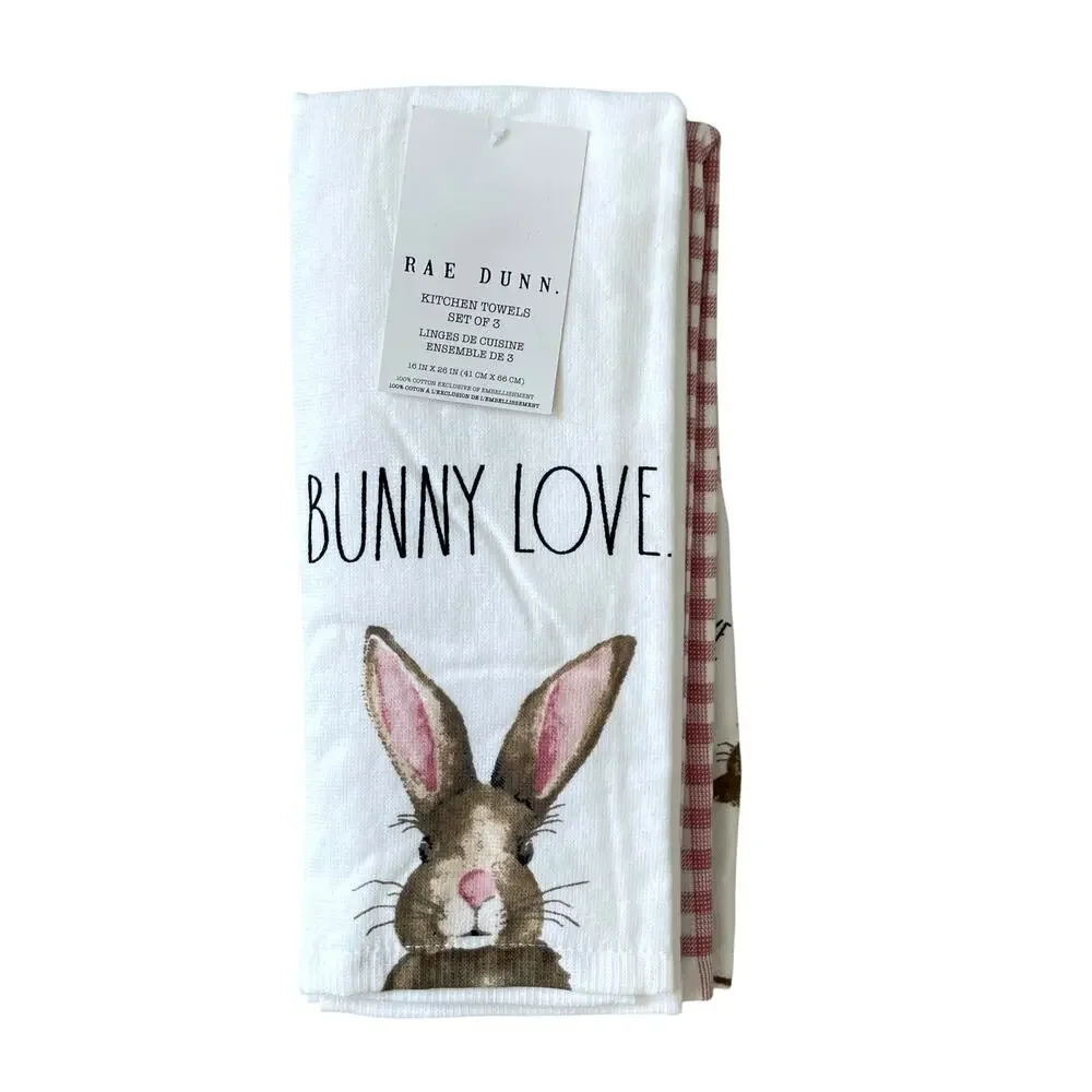 Rae Dunn Cotton Kitchen Towels BUNNY LOVE Easter Rabbit Spring Set of 3 NEW